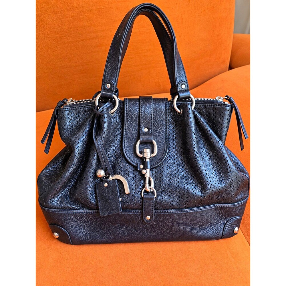 Chloé Black Pebbled Satchel Top Handle Zip Perforated Studded Charm Silver